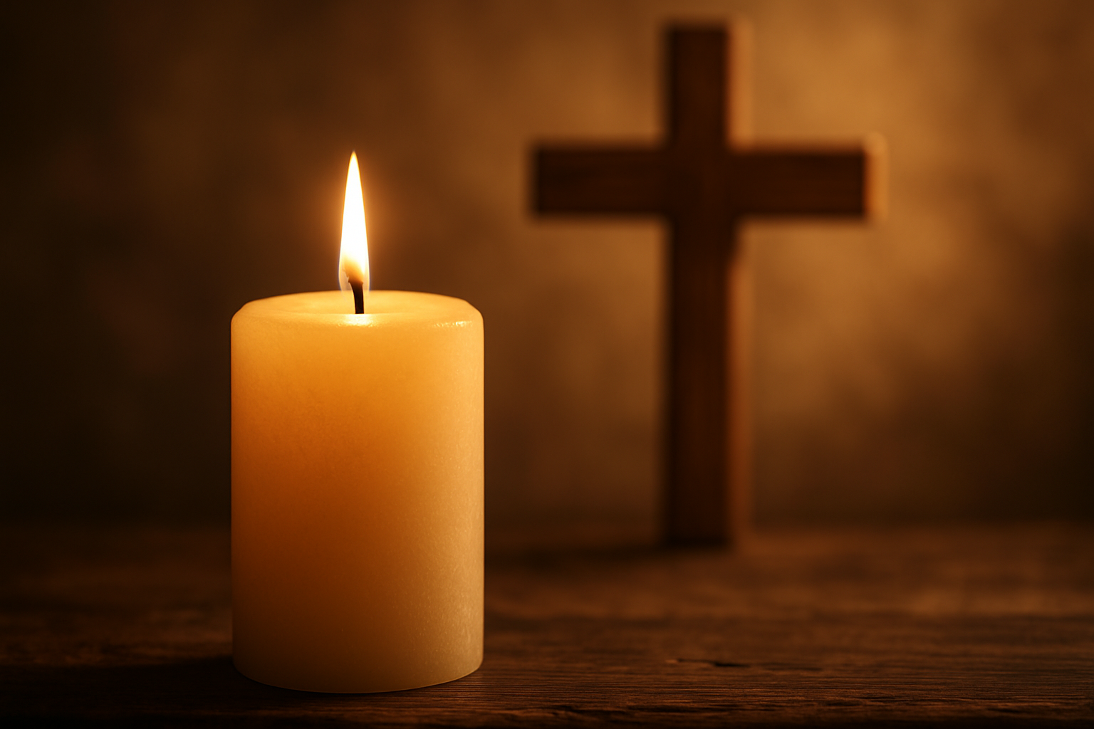 A candle with a cross in the background 