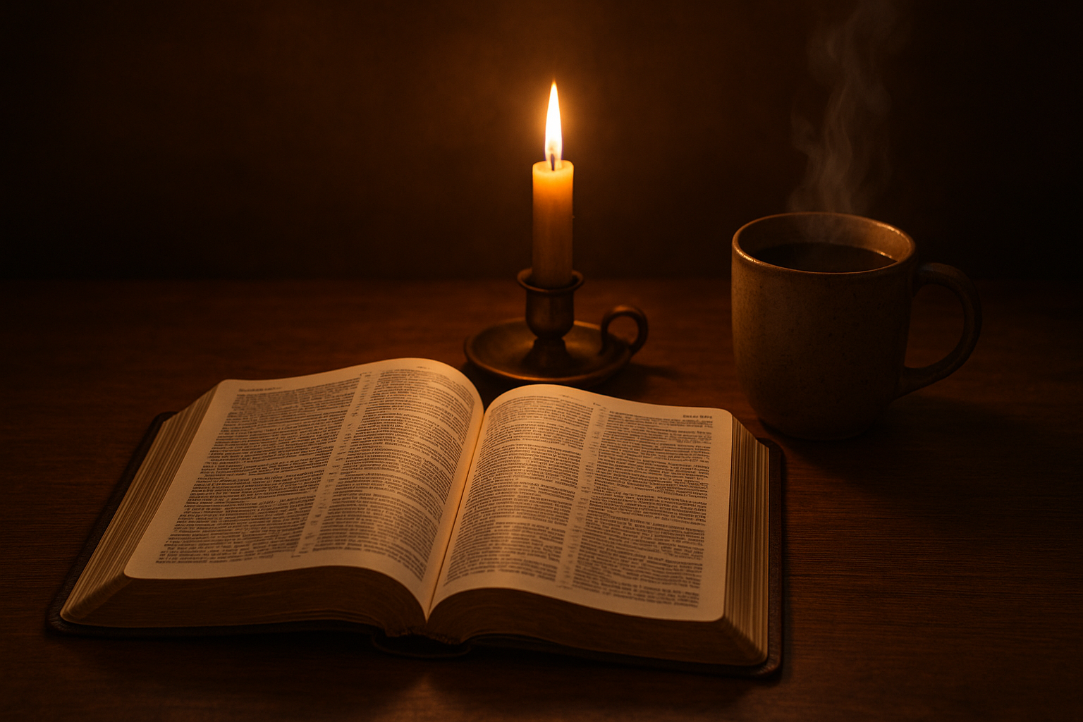 Bible on a table with a candle and a cup of coffee