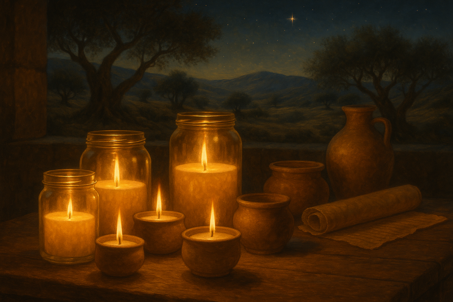 Biblical scene with container candles